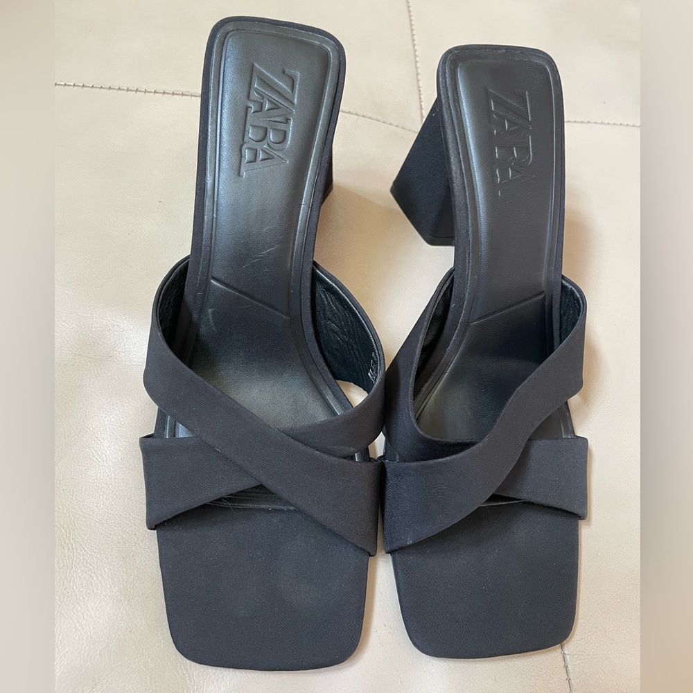 Zara Black High Heel Sandals, Backless Criss-Cross Straps, High Heel